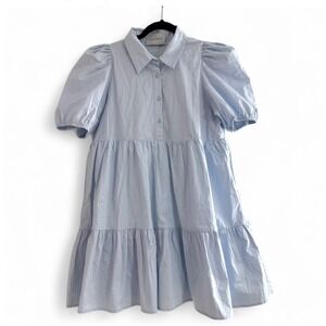 Hausen Baby Blue Puff Sleeve Tiered Shirt‎ Babydoll Dress Cotton Women's Large